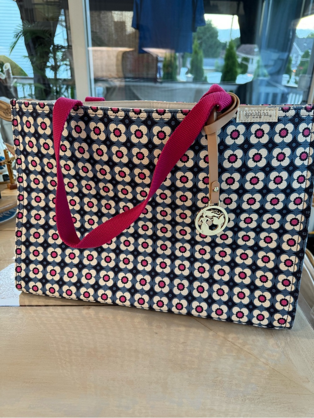 Spartina 449 Navy Floral Tote with Hot Pink Straps and Charm